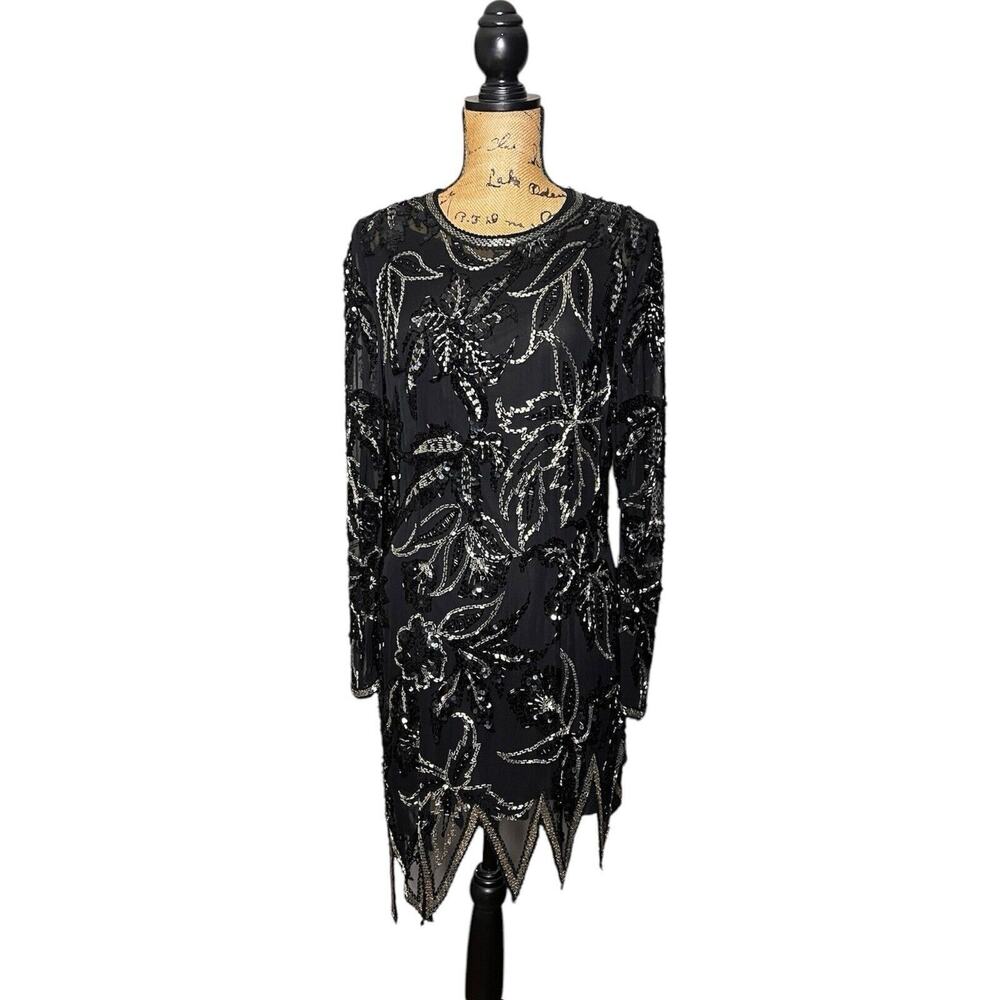 VTG AJ BARI DRESS SILK SEQUINED BEADED SHEER L/S FORMAL COCKTAIL BLACK MEDIUM M